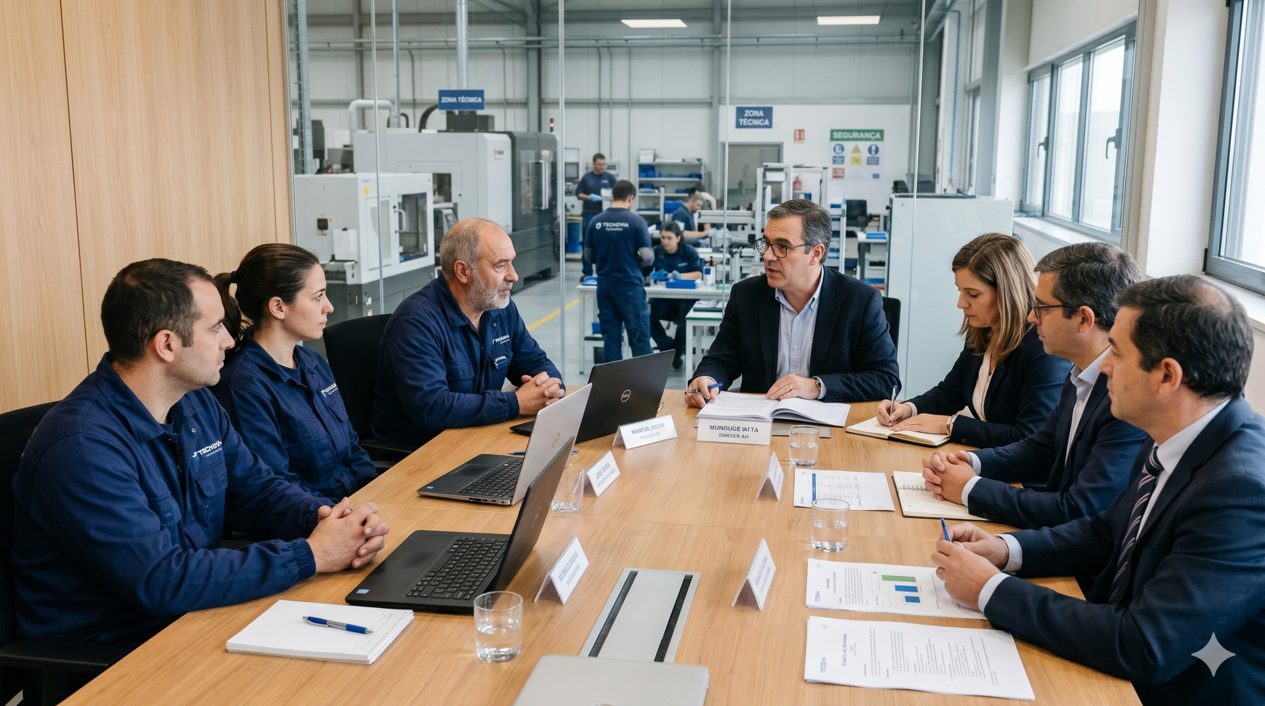 Reunião entre responsáveis e trabalhadores num contexto industrial, com ambiente de escuta, decisão e negociação.
