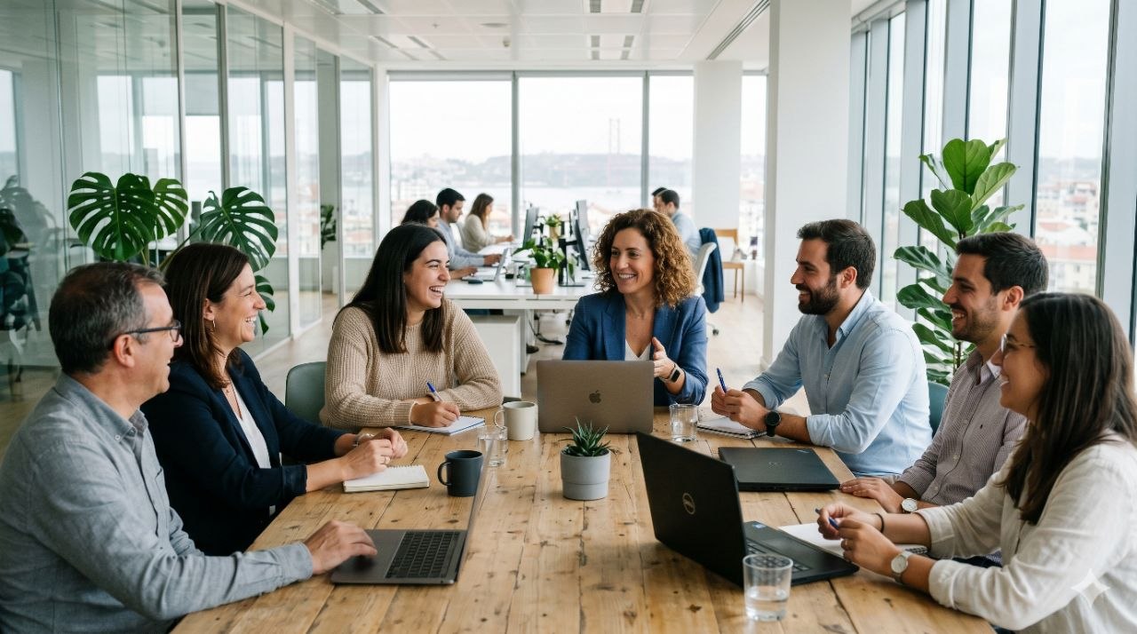 Equipa reunida numa sala de reuniões luminosa num ambiente de escritório moderno.