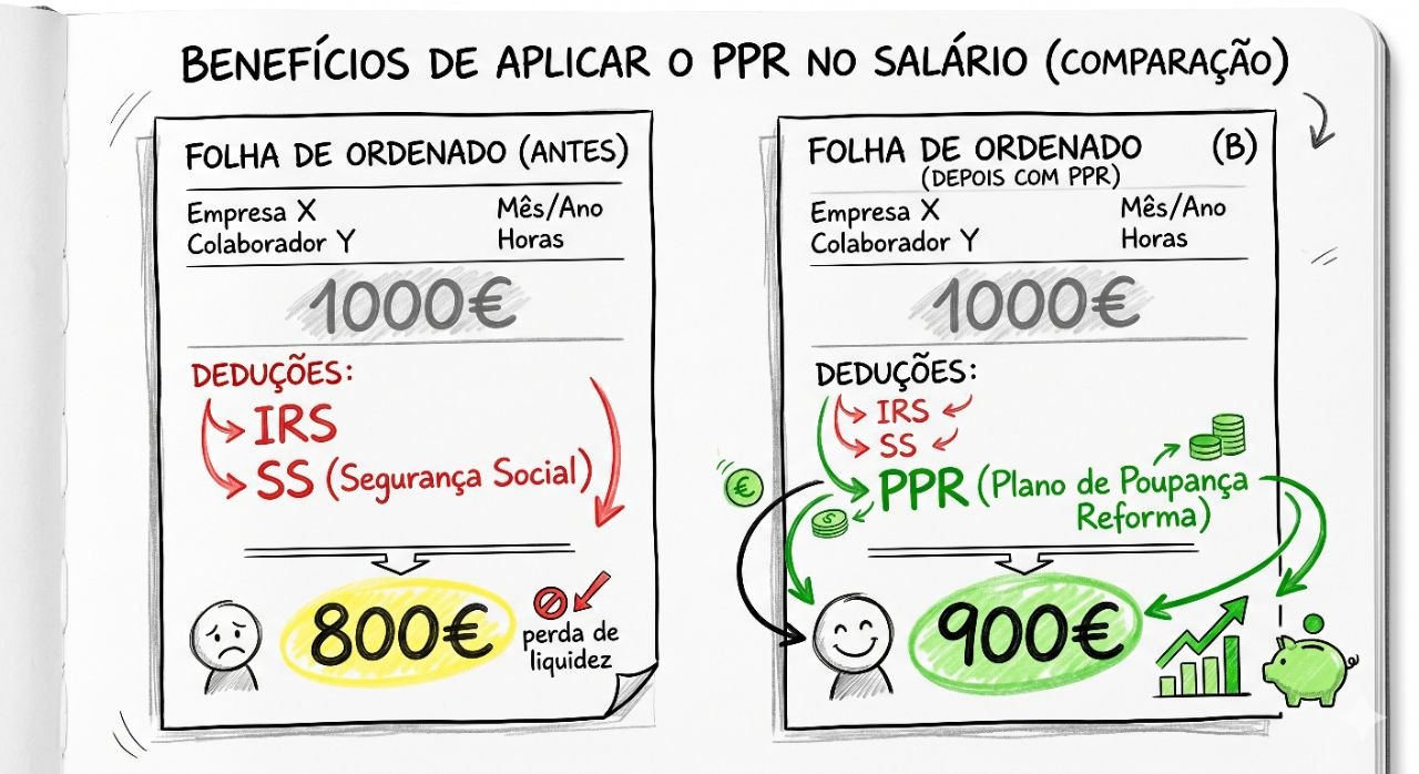 Comparação visual entre folha salarial antes e depois de aplicar PPR como componente complementar.