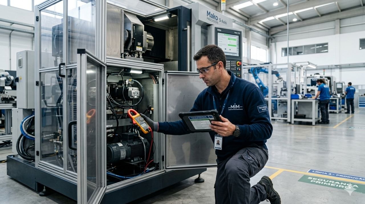 Técnico de manutenção interna a trabalhar junto de equipamento industrial.